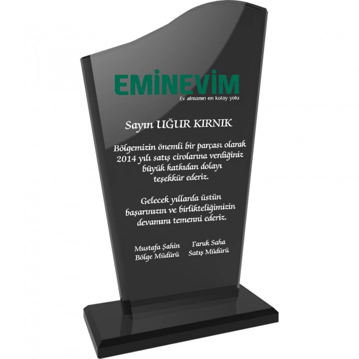 12x21 cm Füme Kristal Cam Kurumsal Takdir Plaketi